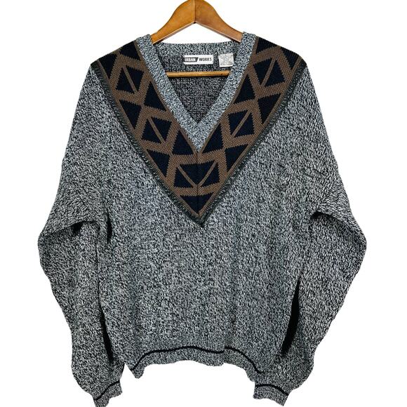 Vintage 80s Urban Works V Neck Dad Sweater Leather Trim Black White - L - Picture 1 of 7